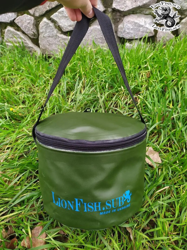 Складное рыболовное ведро для прикормки от производителя "LionFish.sub". Skladnyye Vodra LionFish.sub dlya rybalki, prikormki, okhoty. Udobnaya Germo sumka dlya trofeyev