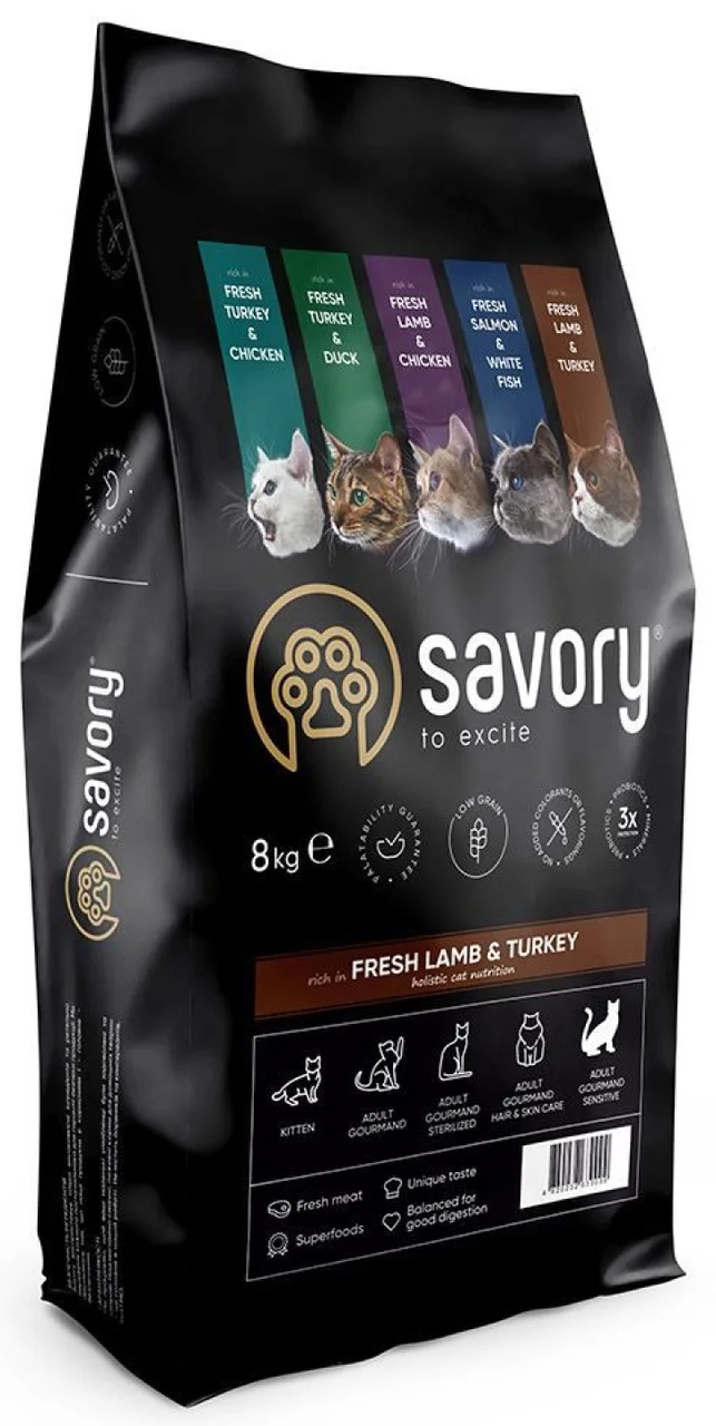 Сухий корм для дорослих кішок із чутливим травленням Savory Adult Cat Fresh Lamb Turkey 8 кг.