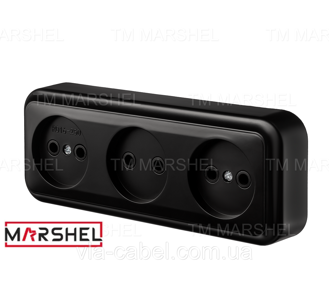 Розетка тримісна матова відкритої установки серія "MAGLEV NEGRO" ТМ "MARSHEL"
