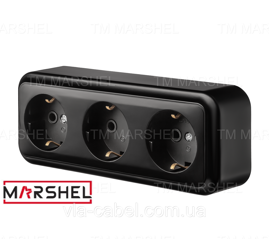 Розетка тримісна матова з заземленням серія "MAGLEV NEGRO" ТМ "MARSHEL"