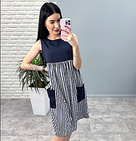 Молодежное женское платье в полоску черное сарафан летний короткий повседневное платье с карманами легкое