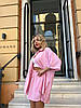 Рожевий жіночий легкий літній прогулянковий костюм-двійка оверсайз з креп-жатки: Шорти і подовжена Сорочка, фото 6