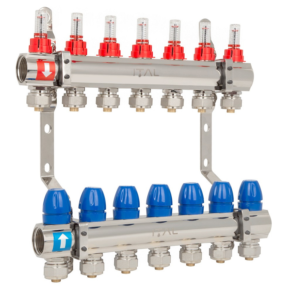 Колектор у зборі ITAL ЛАТУНЬ нік.  7 вих. з кріпленням 1" (витратомір + євроконус) {5}, фото 1
