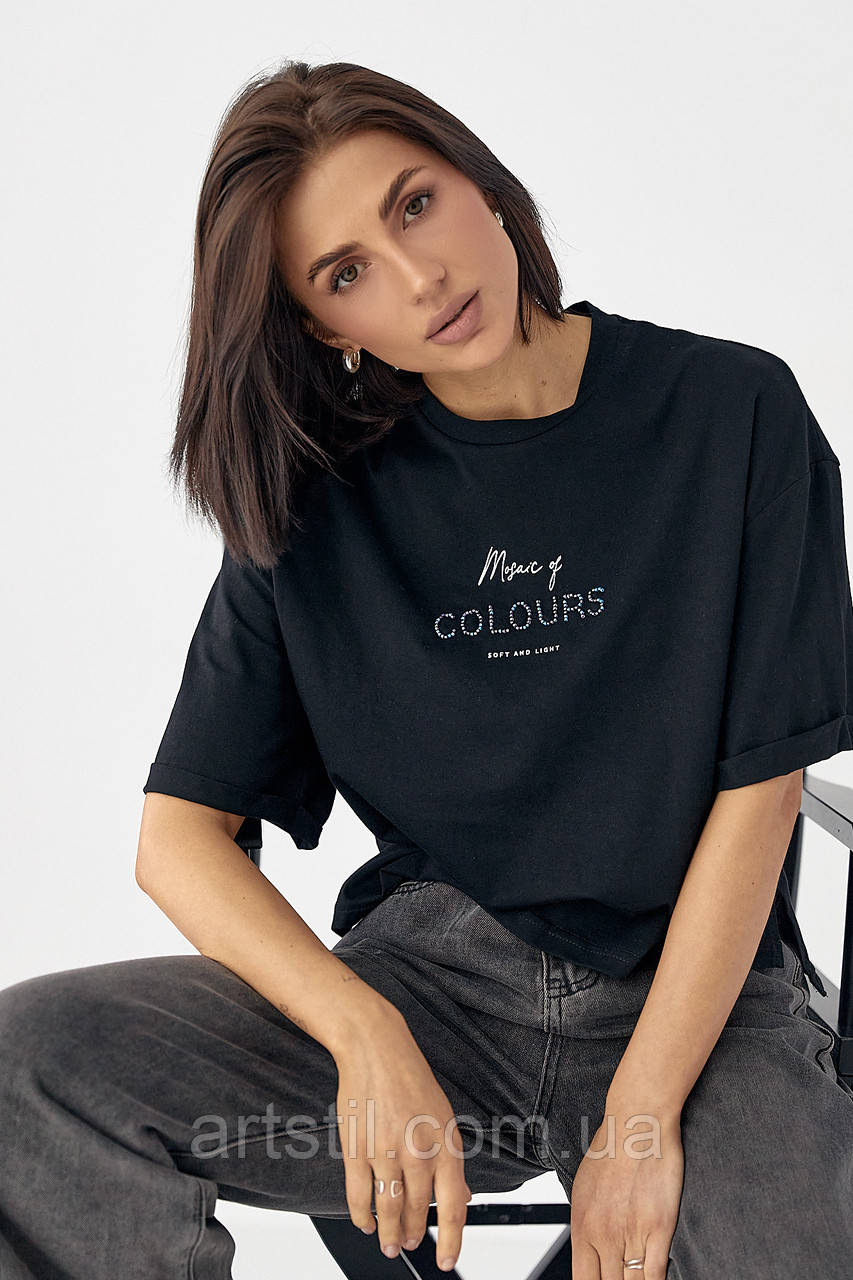 Чорна жіноча футболка з написом із бісеру Colour, молодіжна чорна футболка з бісером