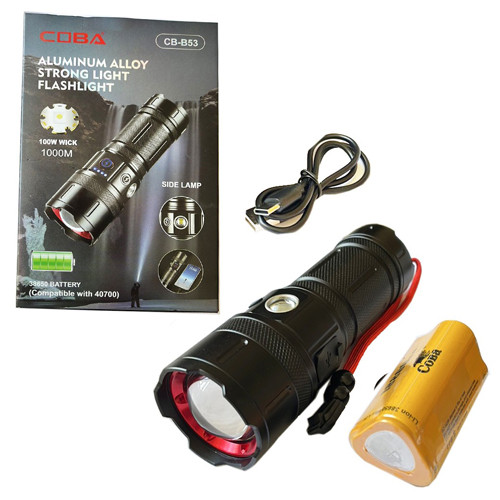 Ліхтар CB-B53-TG, 3х18650, power bank, індикація заряду, ЗП Type-C, zoom, Box