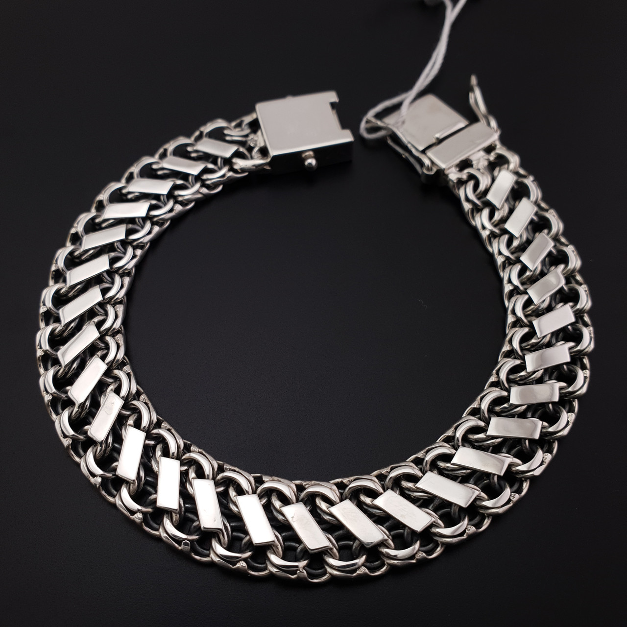 Срібний браслет чоловічий з накладками. Двусторонній браслет срібний з замком коробка. Ширина 13 мм. 24 см, фото 1