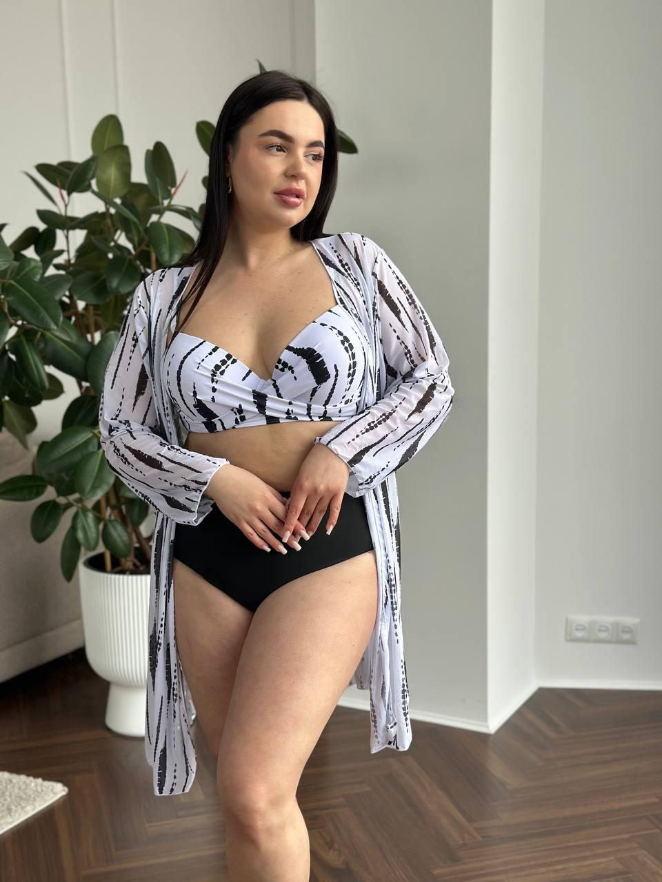 Жіночий роздільний купальник з тунікою чорно-білий великих розмірів, фото 1