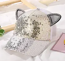 Кепка бейсболка з сіточкою вушками та паєтками літня для дівчинки розмір 50-54 на 3-8 років білий