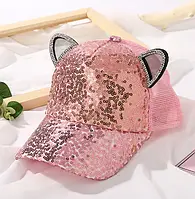 Кепка бейсболка з сіточкою вушками та паєтками літня для дівчинки розмір 50-54 на 3-8 років рожева
