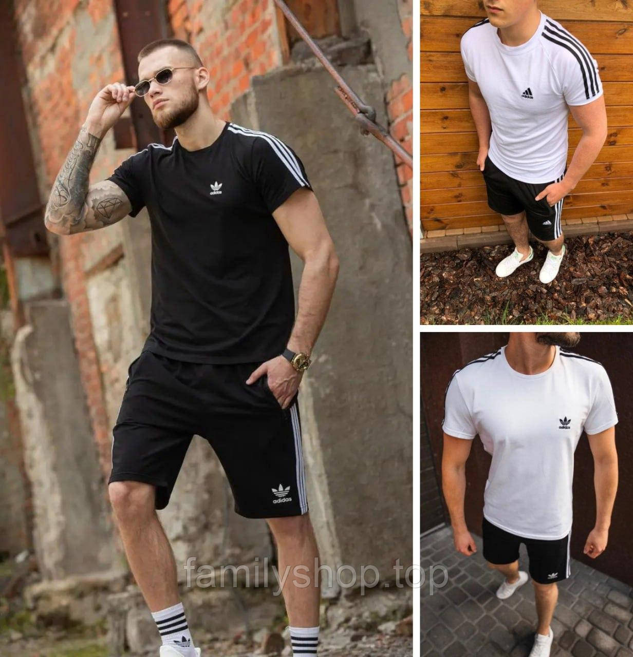 Літній спортивний костюм Adidas футболка та шорти чоловічий стильний повсякденний із лампасами, чорний, білий