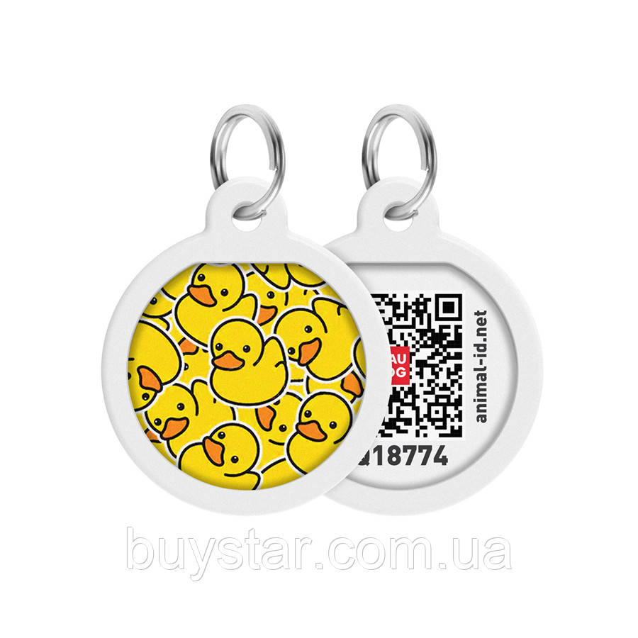 Адресник для собак та котів металічний WAUDOG Smart ID з QR паспортом, малюнок "Уточки", круг, Д 25 мм