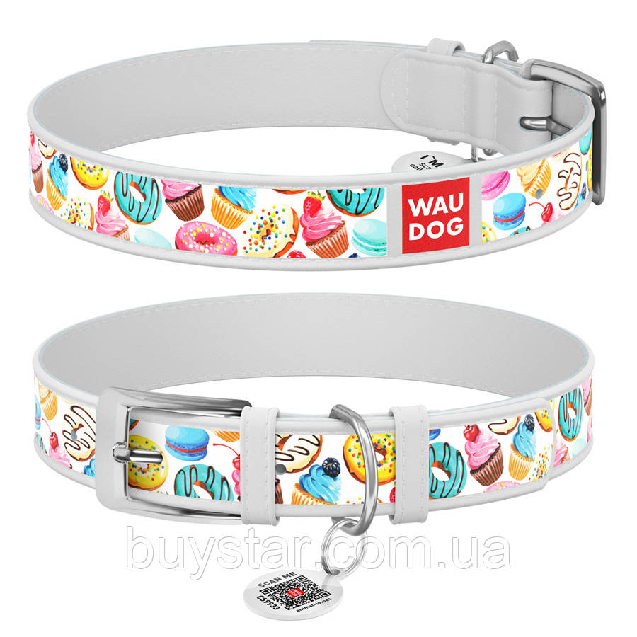 Нашийник для собак шкіряний WAUDOG Design з QR паспортом, малюнок "Пончики", M, Ш 20 мм, Дов 29-38 см, білий