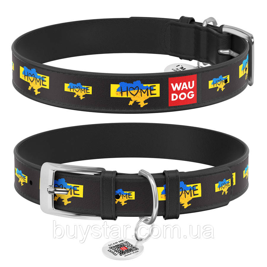 Нашийник для собак шкіряний WAUDOG Design з QR паспортом, малюнок "Дім", L, Ш 25 мм, Дов 38-49 см чорний