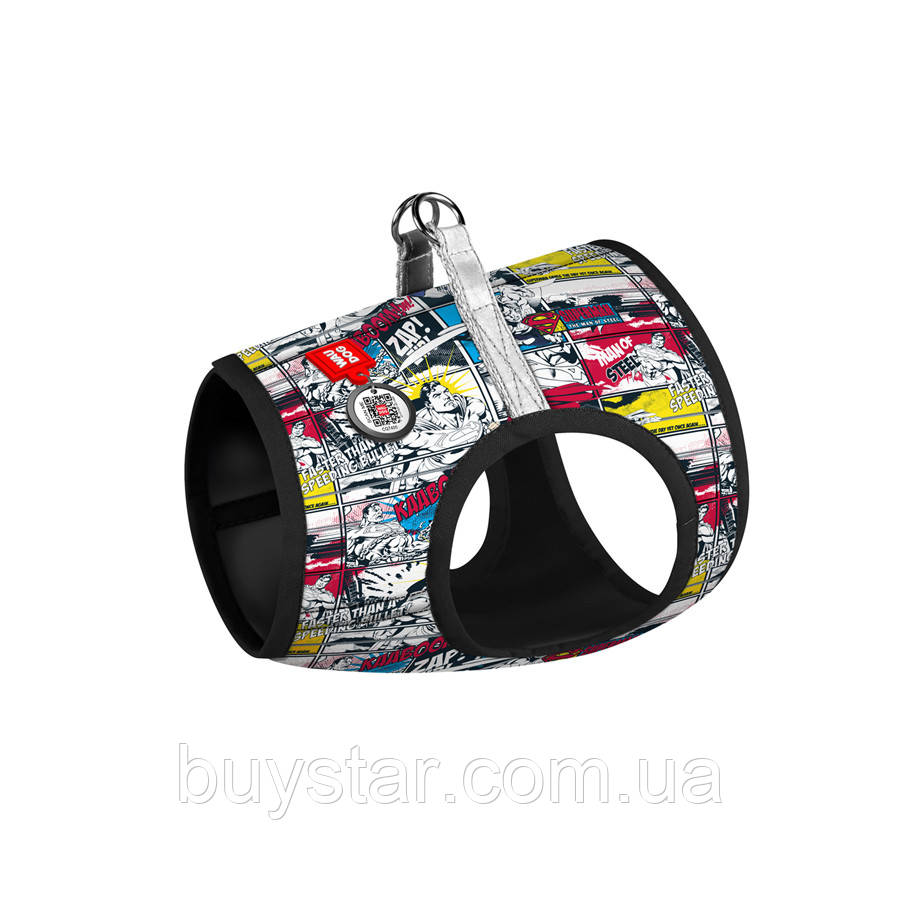 Шлея для собак м'яка WAUDOG Clothes з QR паспортом, малюнок "Супермен комікс", S2, В 46-50 см, С 43-45 см