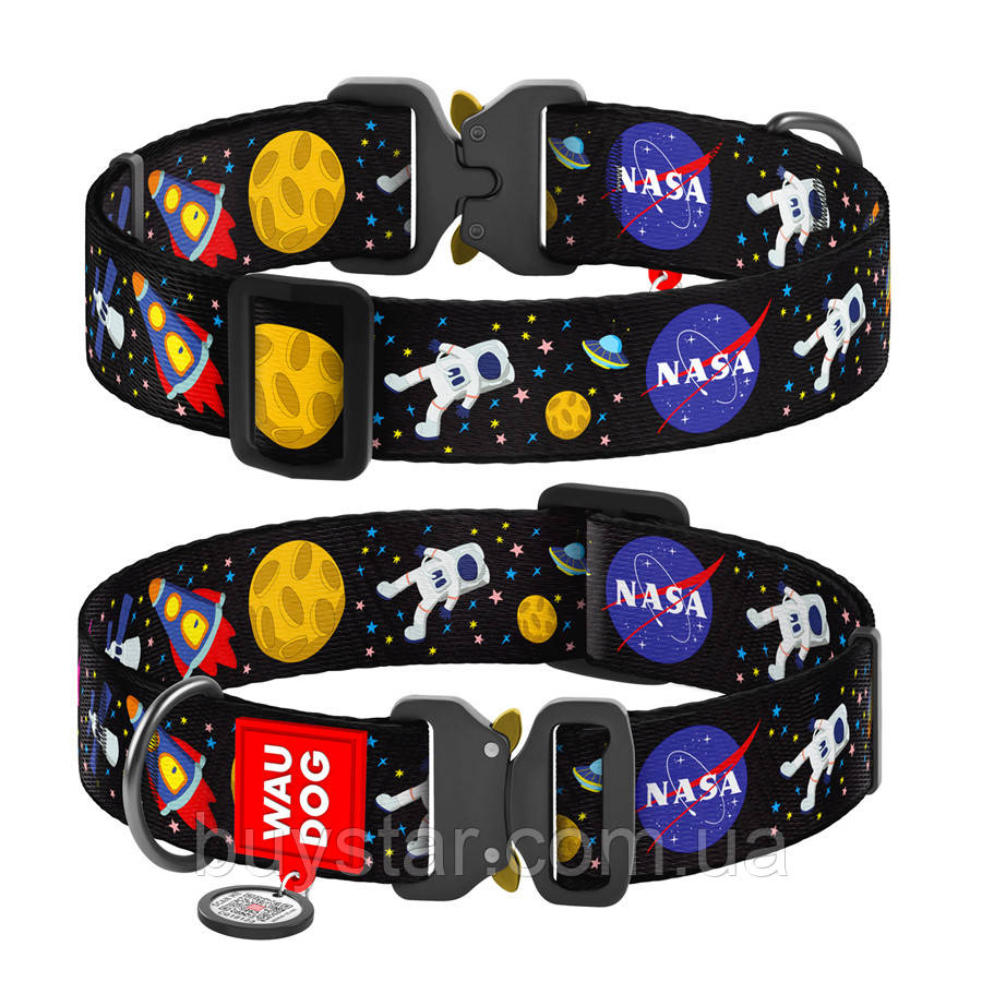Нашийник для собак нейлоновий WAUDOG Nylon з QR паспортом, малюнок "NASA", металева пряжка-фастекс, XXL, Ш 35