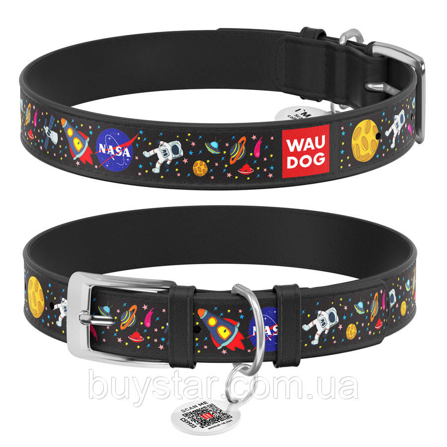 Нашийник для собак шкіряний WAUDOG Design з QR паспортом, малюнок "NASA", XL, Ш 35 мм, Дов 46-59 см, чорний