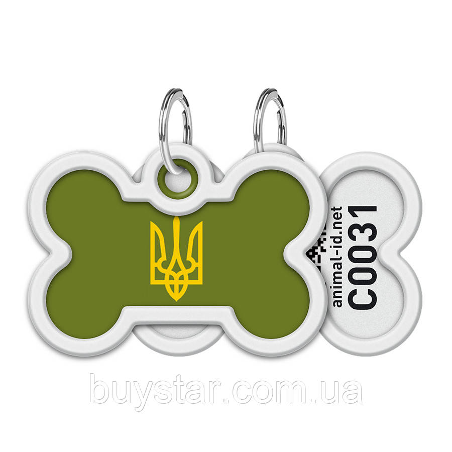 Адресник для собак і котів металевий WAUDOG Smart ID з QR паспортом, малюнок "Тризуб олива", кістка, Д 40 мм,, фото 1