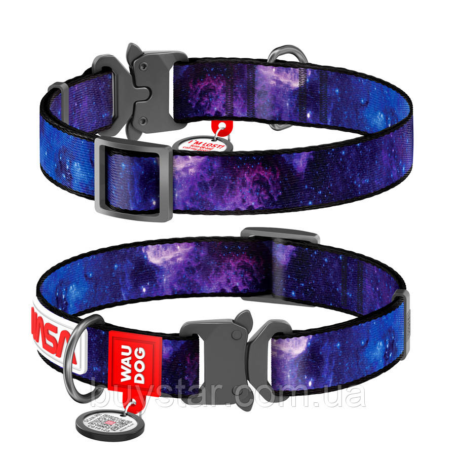 Нашийник для собак нейлоновий WAUDOG Nylon з QR паспортом, малюнок "NASA21", металева пряжка-фастекс, L, Ш 25