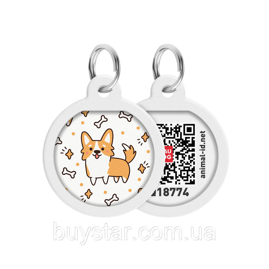 Адресник для собак та котів металічний WAUDOG Smart ID з QR паспортом, малюнок "Коргі", круг, Д 25 мм