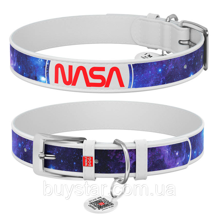 Нашийник для собак шкіряний WAUDOG Design з QR паспортом, малюнок "NASA21", XS, Ш 12 мм, Д 20-28 см, білий