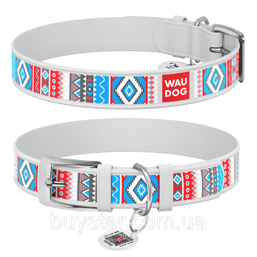 Нашийник для собак шкіряний WAUDOG Design з QR паспортом, малюнок "Етно", L, Ш 25 мм, Дов 38-49 см білий