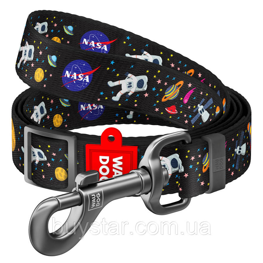 Повідець для собак нейлоновий WAUDOG Nylon, малюнок "NASA", регульований, Ш 25 мм, Дов 152-183 см