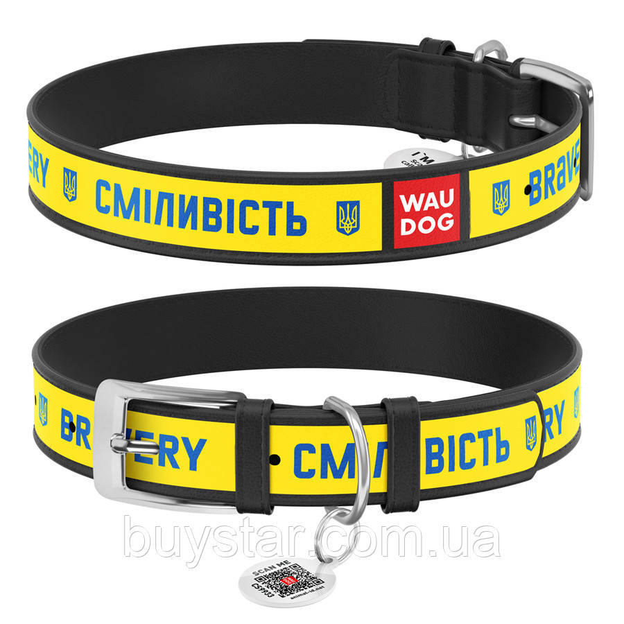 Нашийник для собак шкіряний WAUDOG Design з QR паспортом, малюнок "Сміливість", L, Ш 25 мм, Дов 38-49 см