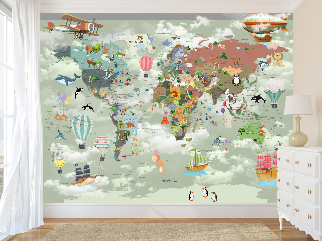 Декор для дитячої кімнати, самоклеюча плівка Oracal з малюнком "Дитяча карта світу", фото 1