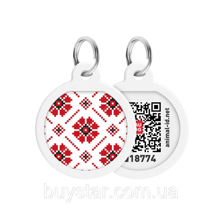 Адресник для собак і котів металевий WAUDOG Smart ID з QR паспортом, малюнок "Вишиванка", коло, Д 25 мм, фото 1