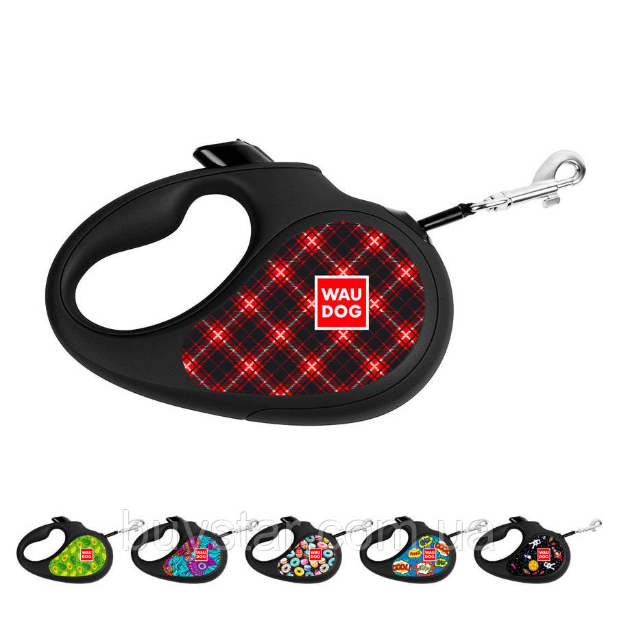 Повідець-рулетка для собак WAUDOG R-leash, малюнок "Шотландка", L, до 50 кг, 5 м, світловідбиваюча стрічка