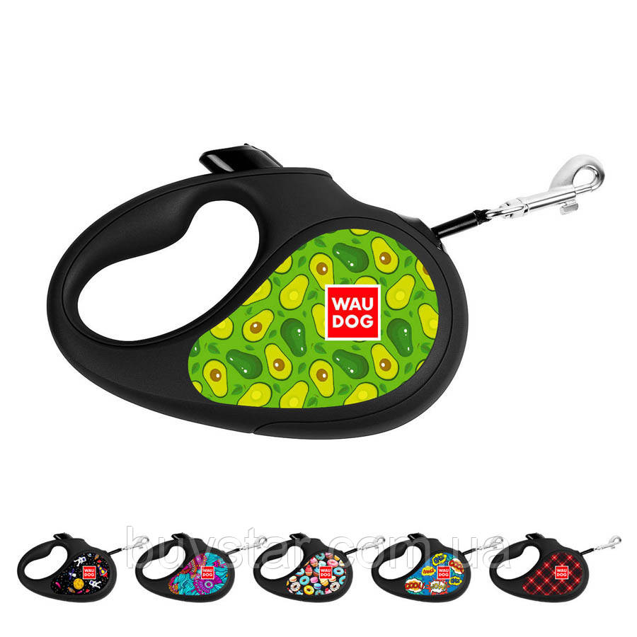 Повідець-рулетка для собак WAUDOG R-leash, малюнок "Авокадо", L, до 50 кг, 5 м, світловідбиваюча стрічка