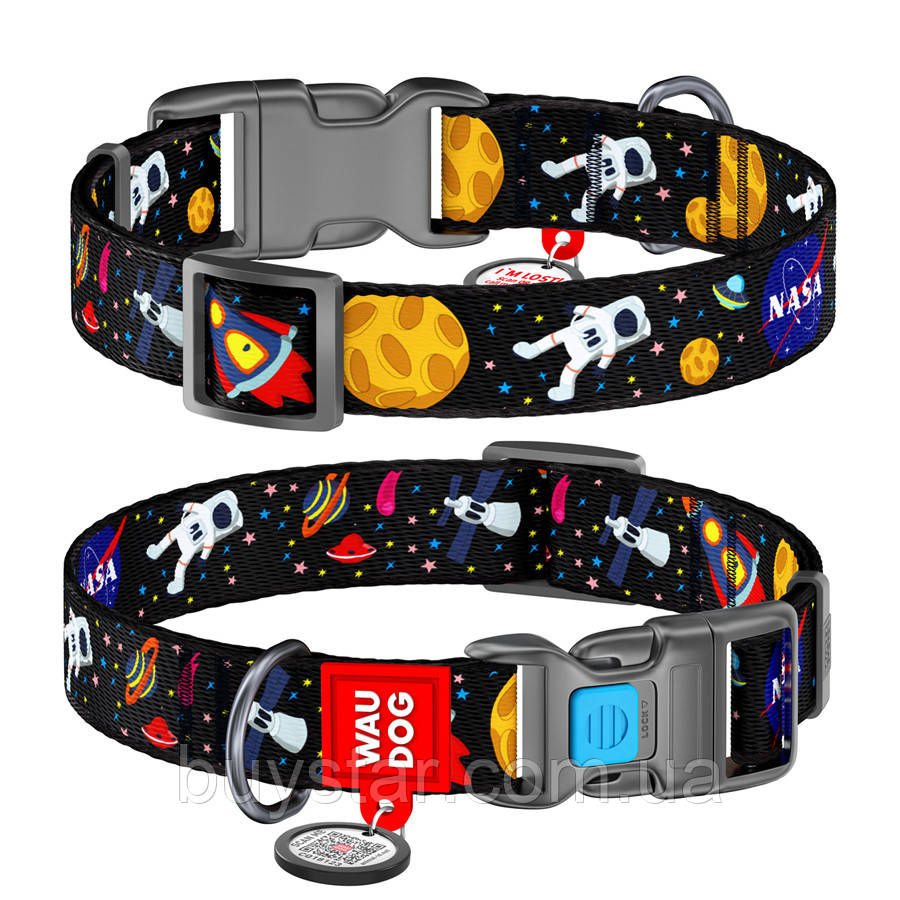 Нашийник для собак нейлоновий WAUDOG Nylon з QR паспортом, малюнок "NASA", пластиковий фастекс, Ш 25 мм, Дов
