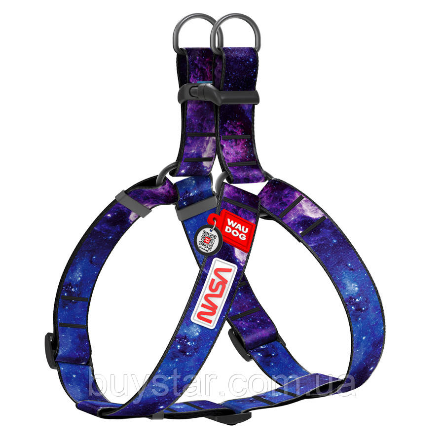 Шлея для собак WAUDOG Nylon з QR паспортом, малюнок "NASA21", пластиковий фастекс, XL, Ш 35 мм, А=В 70-100 см, фото 1