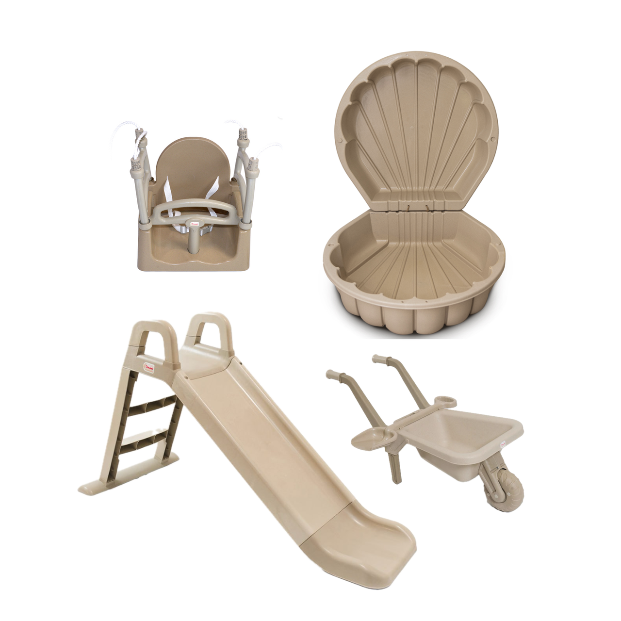 ЕКО Набір: дитяча пластикова гірка, гойдалка, тачка та пісочниця мушляТМ Doloni, фото 1