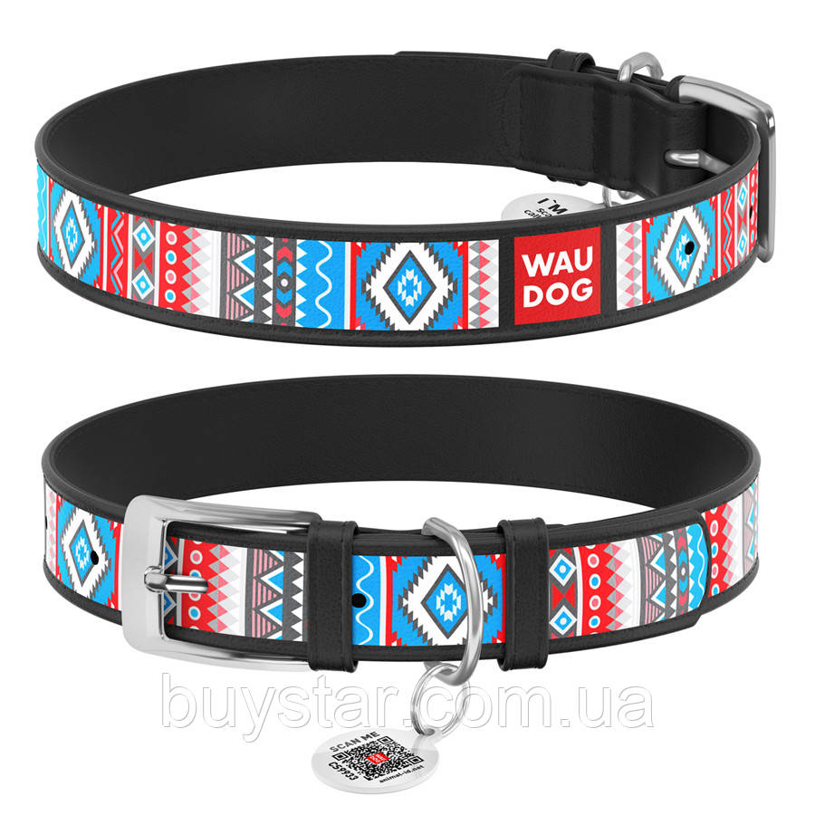 Нашийник для собак шкіряний WAUDOG Design з QR паспортом, малюнок "Етно", S, Ш 15 мм, Дов 26-35 см, чорний