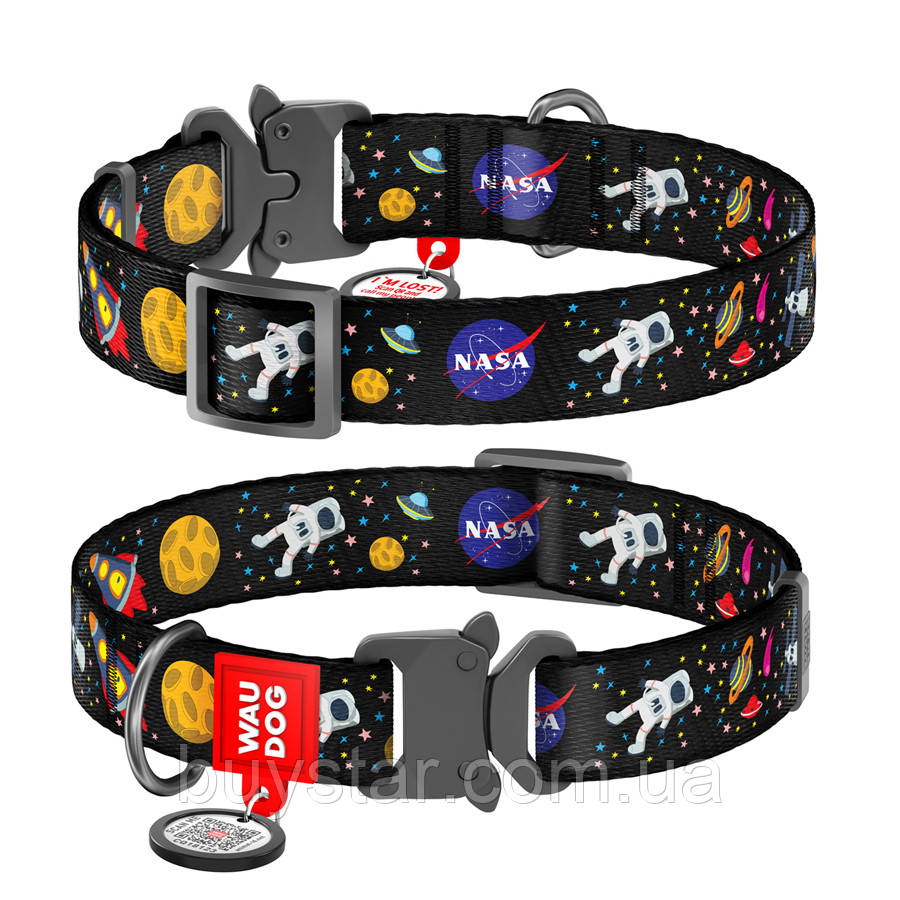 Нашийник для собак нейлоновий WAUDOG Nylon з QR паспортом, малюнок "NASA", металічна пряжка-фастекс, Ш 15 мм,