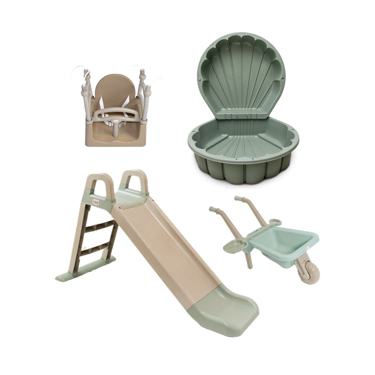 ЕКО Набір: дитяча пластикова гірка, гойдалка, тачка та пісочниця мушляТМ Doloni, фото 1