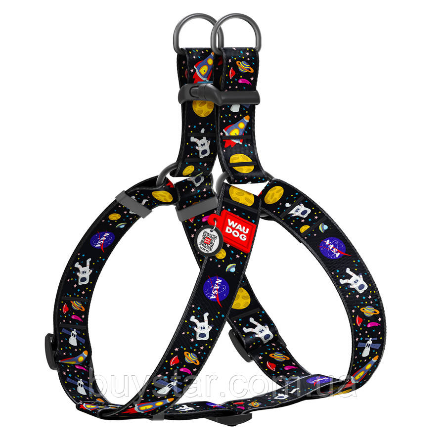 Шлея для собак WAUDOG Nylon з QR паспортом, малюнок "NASA", пластиковий фастекс, XL, Ш 35 мм, А=В 70-100 см, фото 1