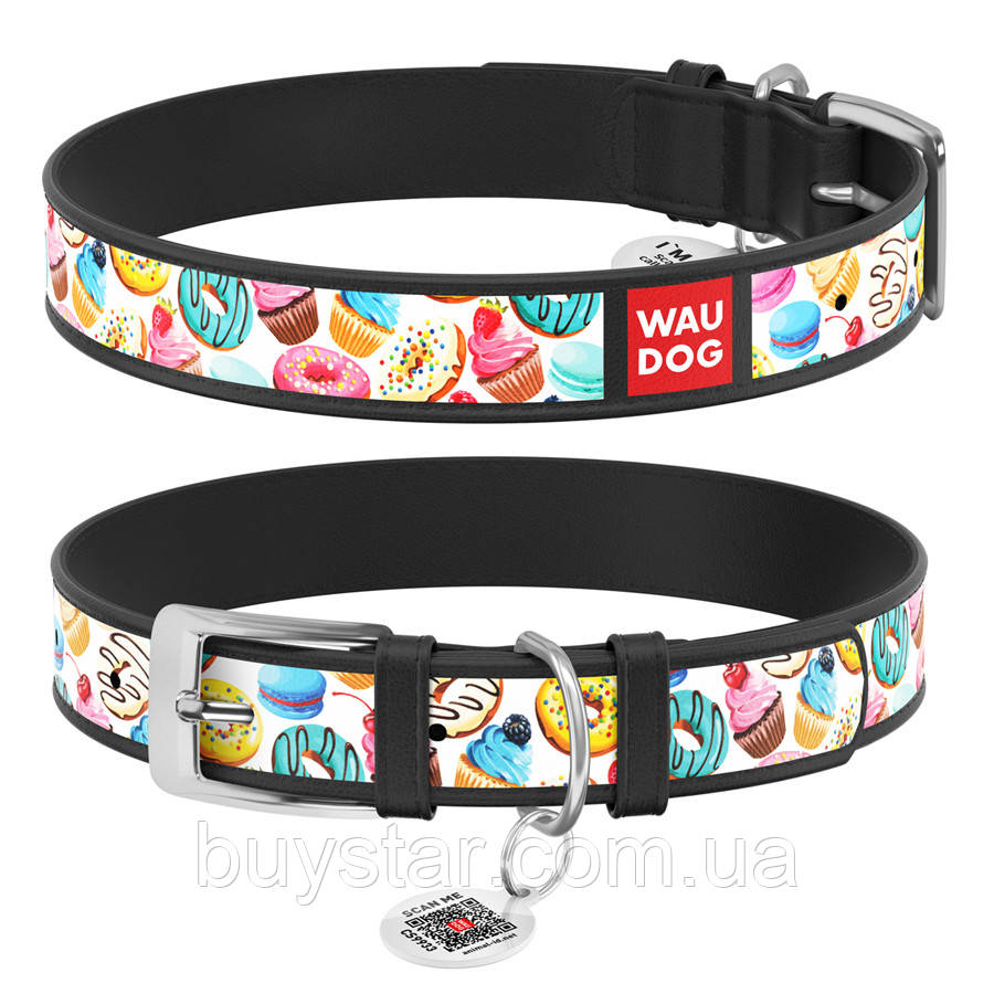 Нашийник для собак шкіряний WAUDOG Design з QR паспортом, малюнок "Пончики", L, Ш 25 мм, Дов 38-49 см чорний, фото 1