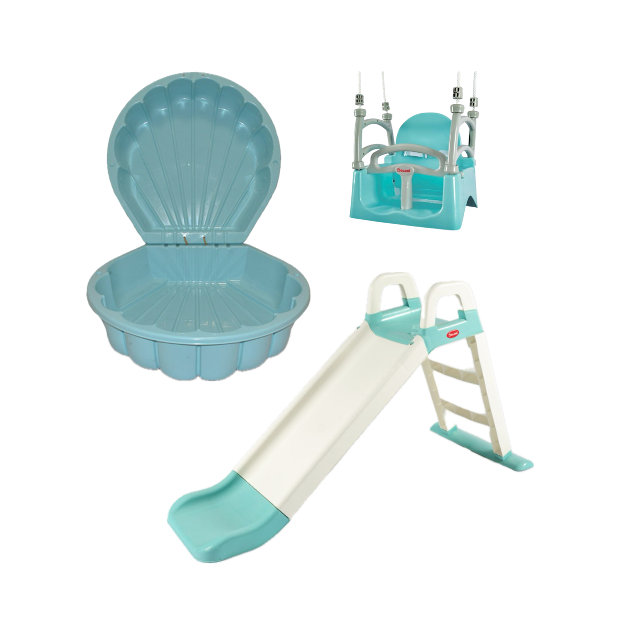 НАБІР Маленька пластикова гірка, гойдалка і пісочниця-мушля ТМ Doloni, фото 1