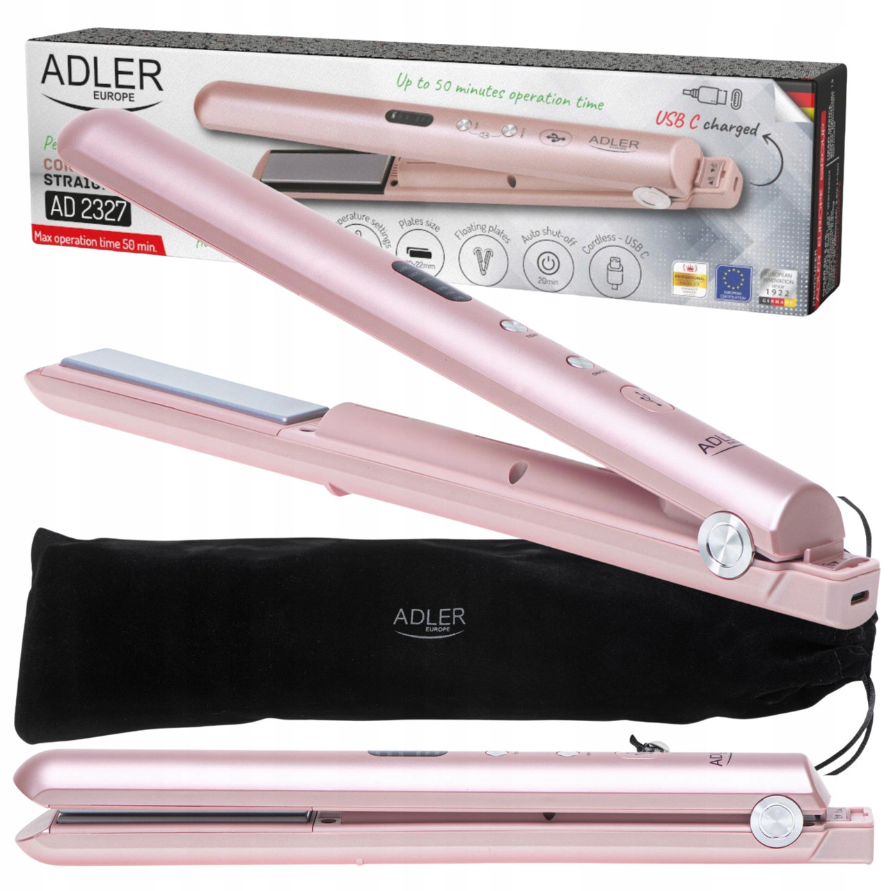 Утюжок для волос Adler AD 2327 — беспроводной, USB-зарядка, керамические пластины, дорожный