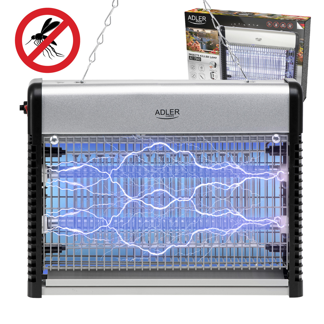 Світлодіодна лампа від комах Adler AD 7940 — площа до 150 м², лоток, що знімається, ланцюжок для підвішування., фото 1