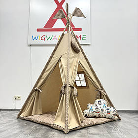 Дитячий Вігвам на два входи «Бежеві горохи», Повний комплект, В подарунок 🎁 підвіска та прапорці на палиці