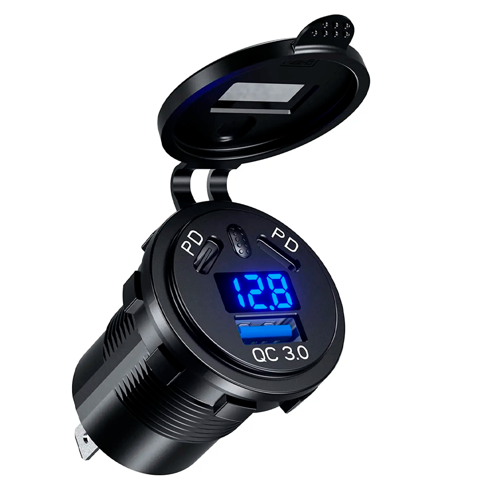 Автомобільна врізна швидка зарядка USB QC 3.0 з вольтметром та двома TYPE-C (DS2013-P28), фото 1