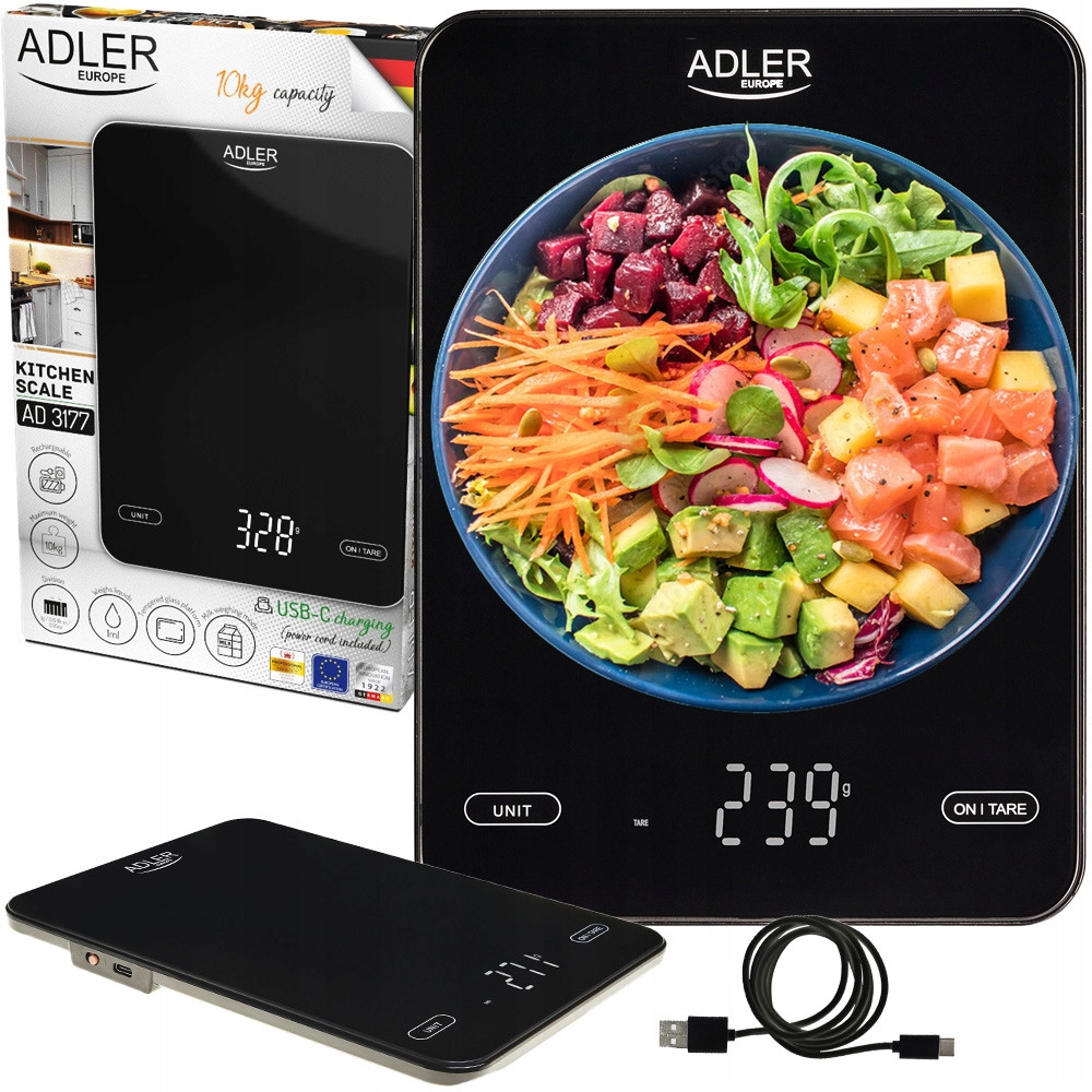 Кухонні ваги Adler AD 3177 b - 10 кг, точність 1 г, сенсорне керування, зарядка USB-C