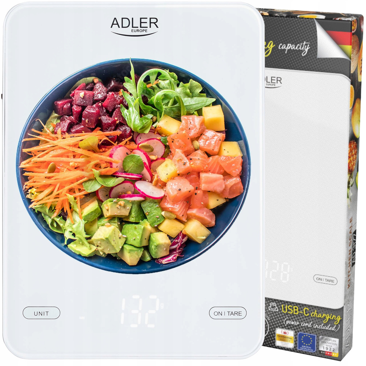 Кухонні ваги Adler AD 3177w - 10 кг, точність 1 г, сенсорне керування, зарядка USB-C