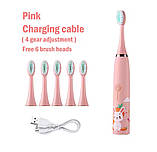 Дитяча електрична зубна щітка ультразвукова з акумулятором 6 змінних насадок 2 кольори, фото 4