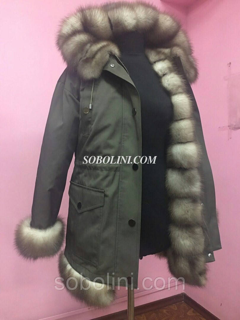 Парка з хутром куїнки, котон колір хакі, хутро відстібається, фото 1
