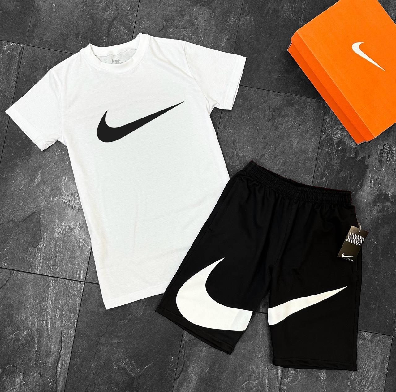 Чоловічий літній костюм Nike Big Swoosh Футболка + Шорти білий комплект Найк на літо, фото 1