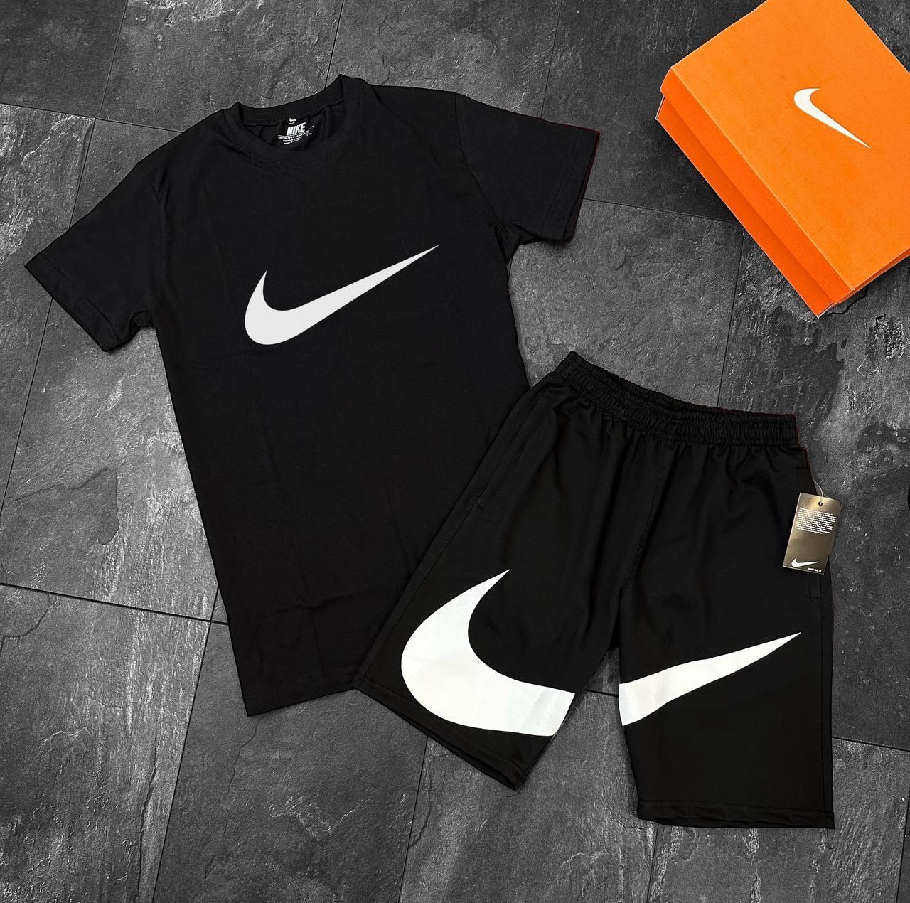Чоловічий літній костюм Nike Big Swoosh Футболка + Шорти чорний комплект Найк на літо